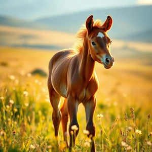 A stunningly realistic chestnut baby horse (foal) standing in a...