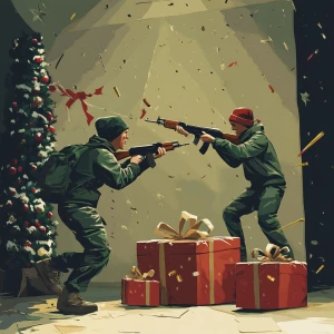armed fight over christmas presents in carton style