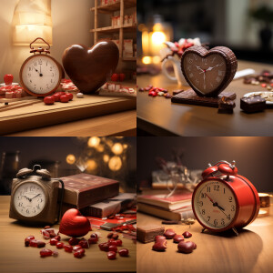 A digital clock on a table,time stop at "05:20", a box of heart...