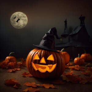 A small Halloween pumpkin with a witch hat on top. On the pumpki...