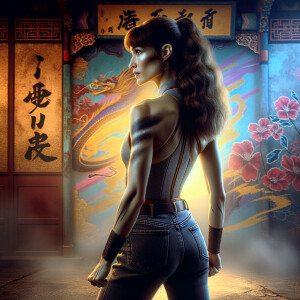 Athletic Thin skinny Attractive, Asian teenage girl, long brown hair and bangs, wearing tight skinny jeans and a halter top paint marks on her clothing, heroic pose Asian graffiti background, backside view