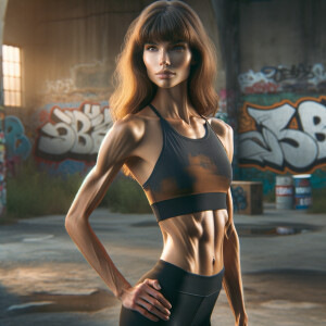 Athletic Thin skinny Attractive, Asian teenage girl, long brown hair and bangs, wearing tight skinny jeans and a halter top paint marks on her clothing, heroic pose Asian graffiti background, side view