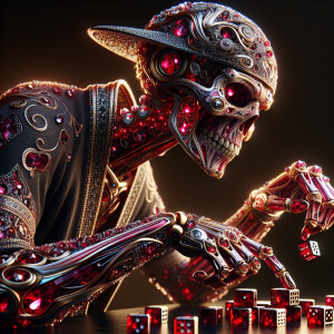 An extraterrestrial skeletal being sculpted from sparkling ruby...