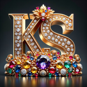 Create a 3-D realistic image with the letters  K.S. in gold raised letters , Add diamonds and colorful jewels