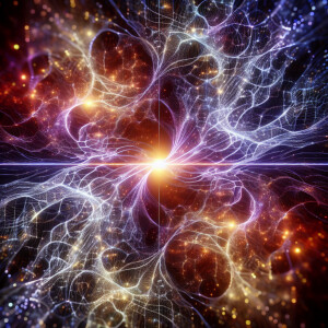 In the depths of a shadowed realm, a shimmering tapestry of quan...