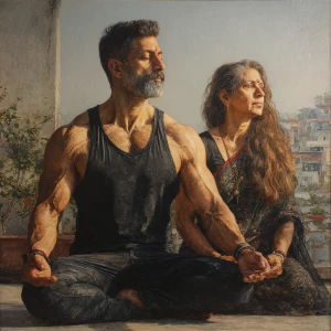 Hyperrealism,sharp painting,A man muscular beefy sweaty doinga y...