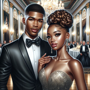 A light skin African American couple at a fancy ballroom event....