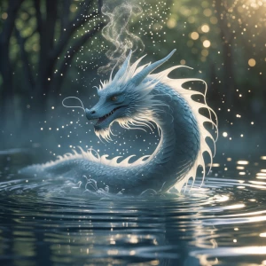 "Amidst the calm, mirror-like surface of a secluded pond, water...