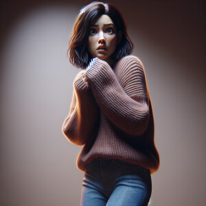 a young frightened woman stands at full height in jeans and a sw...