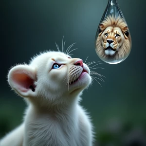 A young white lion cub with striking blue eyes gazes upwards at...