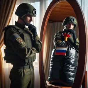 A Russian soldier in modern camouflage uniform with a helmet wit...