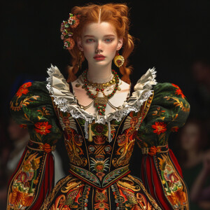 Create a photorealistic image of a light ginger-haired model wal...