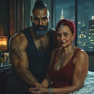 realism  style.A sweaty beefy muscular man sitting with his 54 y...