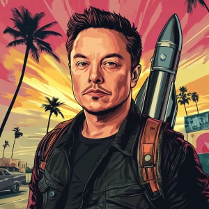 Elon Musk in GTA art style, wear a rocket as a backpack., in th...