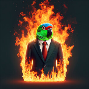 Parrot in business suit stay in flame