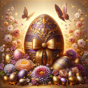 A luxurious and ornate Easter-themed image featuring a large cen...