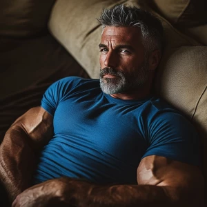 The image shows a muscular bodybuilder man lying on a couch, app...