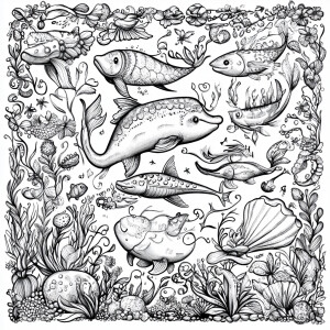 coloring book page::A whimsical pattern of mermaids and sea crea...