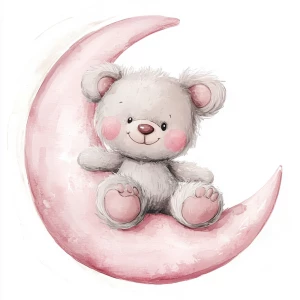 A cute, cartoon teddybear sits on a stylized, rosy-pink crescent moon. The teaddy bear is light gray with large, round, pink-spotted ears.  Its body is round and he has expressive eyes.  its facial expression is happy and friendly. The teddy bears legs and feet are visible, and its posture is relaxed, sitting, leaning into the moon. The moon is a soft, shaded pink, with watercolor-like texture and subtle shading. The background is white. The image is in a child-friendly style, showcasing delicate line work and color palettes. The composition is centered on the teddy bear which is positioned on the moon. The overall style is sweet, whimsical, and reminiscent of children's book illustrations.  The colors are pastel and soothing, creating a gentle atmosphere.