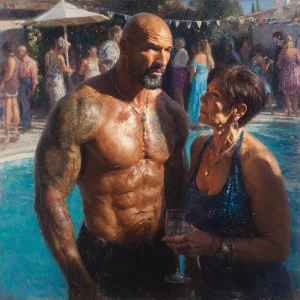 Hyperrealism,sharp painting ,a muscular beefy tattoed indian swe...