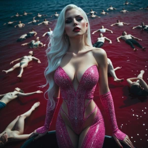 A beautiful  vampire woman with long metallic white  hair wearin...