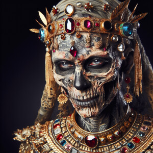 An otherworldly Egyptian zombie queen adorned with elaborate jew...