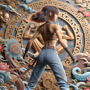 Athletic Thin skinny Attractive, Asian teenage girl, long brown hair and bangs, wearing tight skinny jeans and a halter top paint marks on her clothing, heroic pose Asian graffiti background, backside view