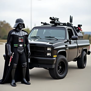 Darth Vader stands imposingly beside a 1986 Chevrolet C10, custo...