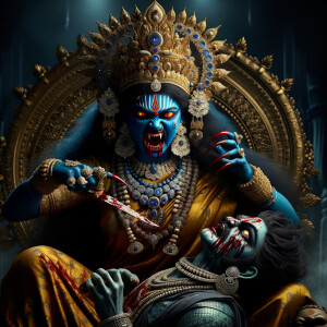 portrait of extremly angry looking goddess kali, blue skinned, s...
