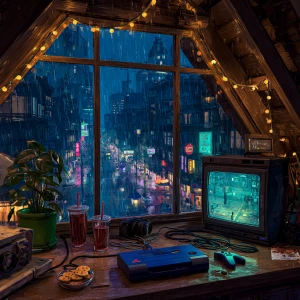 A cozy attic room at night during heavy rain, viewed from inside...