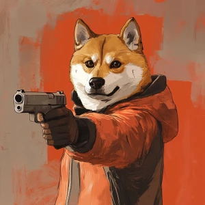 DOGE meme.,draw badass dog holding gun, GTA style
