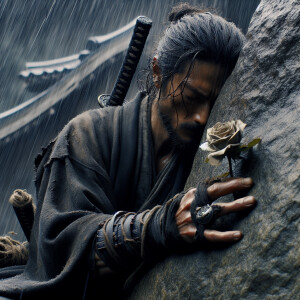 A wounded samurai leaning his back on the rock, savoring the fra...