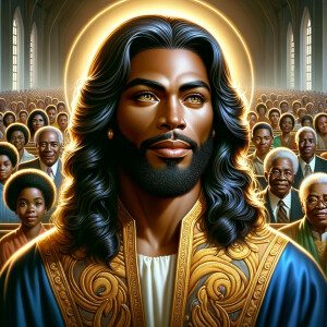Illustrate an inspiring African-American Jesus crust with a dign...
