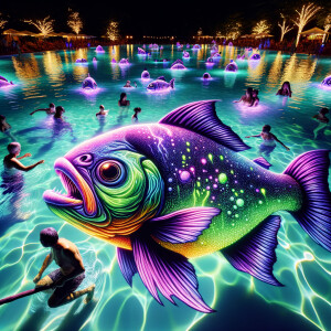 A Disney purple neon green piranha swimming in a community swimm...
