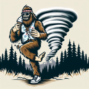 A hippie Bigfoot eating an ice cream cone in front of a tornado...