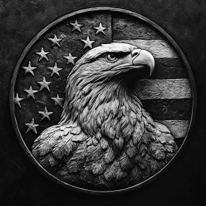Design a high-contrast grayscale bas relief of an eagle with win...