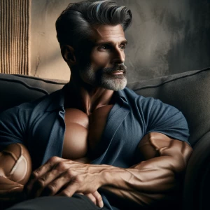 The image shows a muscular bodybuilder man lying on a couch, app...