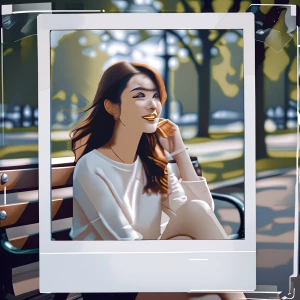 A Polaroid-style snapshot of a young woman sitting on a park ben...