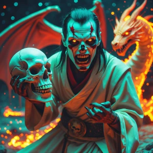 Painterly-styled, grainy analog movie still, dynamic angle. A skelton wearing  a vanilla  colored robe  with uneven teeth, holding an alien creature skull. His eyes blaze with fury, surrounded by darkness sizzling with electrical energy. He wears war paint in bold red and dark  streaks on his face. Massive dragon made of fire seen behind him. Dynamic pose, depth of field, motion blur effect and hard focus, cinematic, horror vibe.