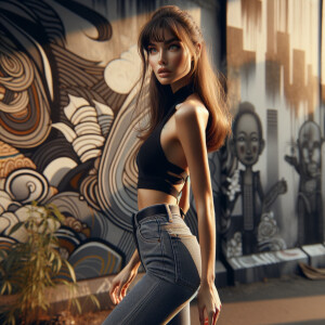 Athletic Thin skinny Attractive, Asian teenage girl, long brown hair and bangs, wearing tight skinny jeans and a halter top paint marks on her clothing, heroic pose Asian graffiti background, side view