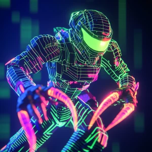 Create a low-polygon count alien warrior character featuring bright neon block-like armor and sharp, glowing laser claws. This character is engaged in combat within a vintage 1990s 3D video game style arena reminiscent of the 3DO Interactive Multiplayer console graphics.