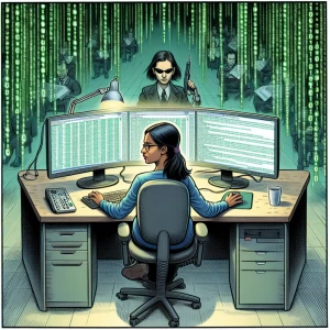 a programmer with one PC and one Monitor in matrix style