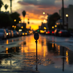 Create an image of a sunset in Los Angeles after a rain shower w...