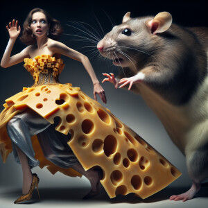 a woman wearing cheese dress being chased by super big Rat, clos...