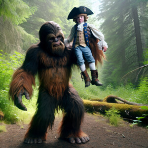 A large huminoid looking Sasquatch picking up Daniel Boones son...