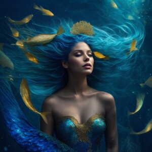 Create a digital painting of a spectral mermaid captured in a da...