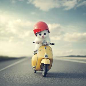 White kitten with black eyes wearing a red helmet, perched atop...