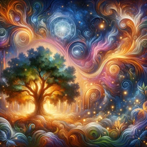 Design an image of a tarot card featuring a mystical forest unde...