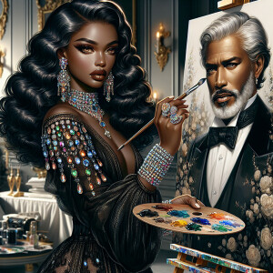 In a high-class, elegantly decorated studio, a very light-skinne...