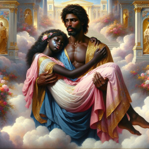 An oil painting in a classical style depicting a single African-...